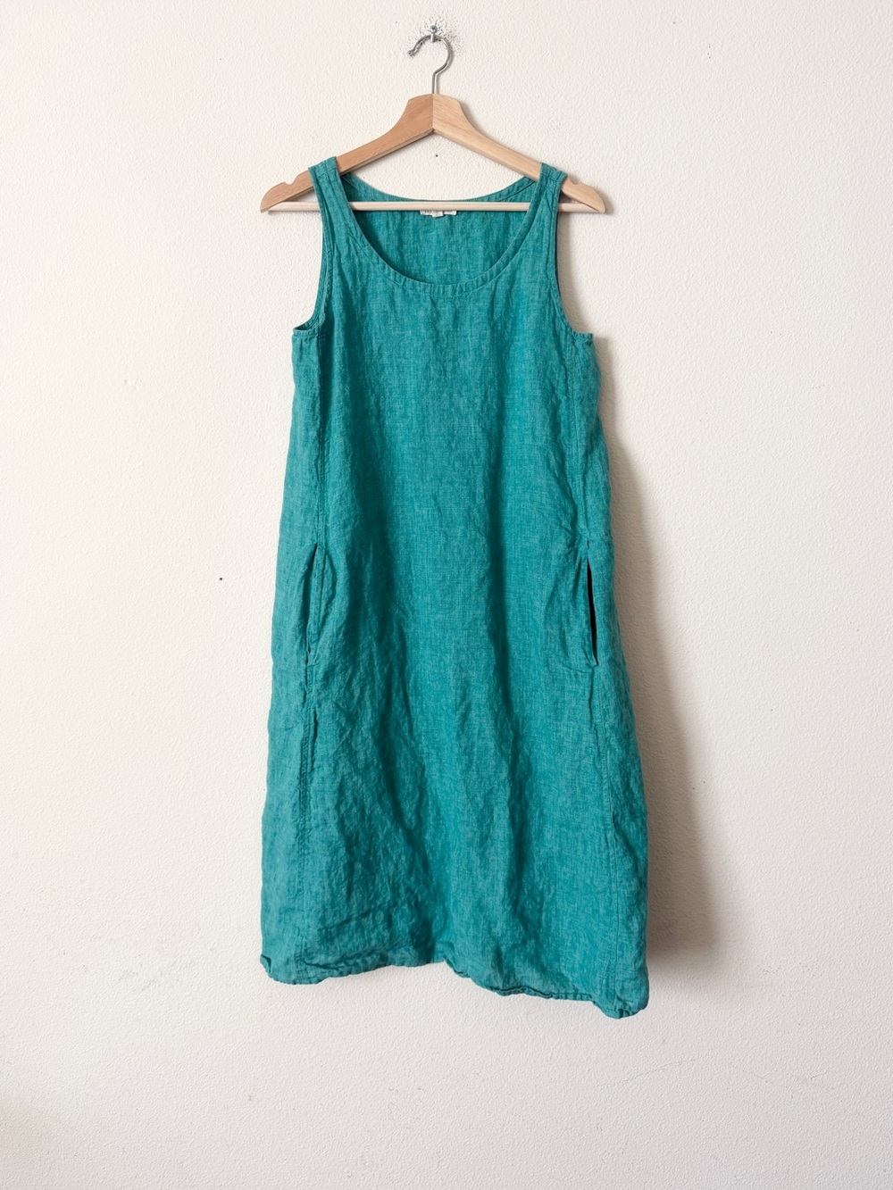 Eileen Fisher XS 100% organic linen teal blue sleeveless knee length dress